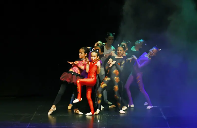 Young dancers in colourful cat costumes huddle together in stage smoke and blue light